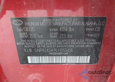 2020 Hyundai Sonata Sel из США, поврежденный, VIN 5NPEL4JA9LH055615